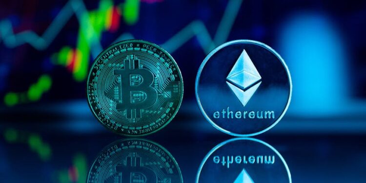 Ethereum logo with dollar signs and a background of digital currency charts.