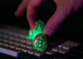 A visual representation of cryptocurrency thefts, with a dark hacker silhouette and digital currency icons.