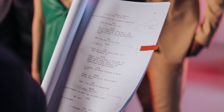 Two actors discussing scripts at a film festival, symbolizing Oscars eligibility changes.
