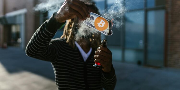 A digital illustration of a broken cryptocurrency wallet with dollar signs and hacking symbols.