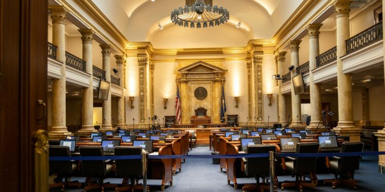 U.S. Senate chamber with legislators discussing financial regulations on prediction markets.