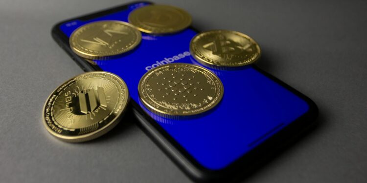 A digital graphic featuring the Coinbase logo alongside symbols of blockchain and finance.